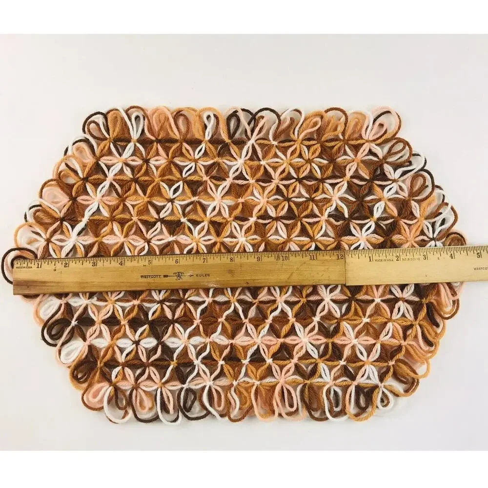 Vintage Handmade Loom Crochet Placemats Yarn Trivet Rust & Peach Colored Set 5